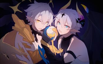 2boys alternate_costume alternate_universe bare_shoulders blue_eyes colored_skin dark_room demon_horns egg from_side glowing hair_between_eyes hair_ornament head_tilt highres holding honkai:_star_rail honkai_(series) honkai_impact_3rd horns intermittent-reset kevin_kaslana kevin_kaslana_(diabolic) leaning_forward leaning_to_the_side looking_at_viewer looking_to_the_side multicolored_skin multiple_boys open_mouth phainon_(honkai:_star_rail) phainon_(khaslana)_(honkai:_star_rail) pointy_ears scar shade short_hair sleeveless star_(symbol) star_hair_ornament two-tone_skin white_hair yellow_eyes
