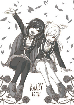 2girls black_hair cape celebration closed_eyes english_text falling_petals flower long_hair milestone_celebration miniskirt moai_(moai_world) monochrome multiple_girls open_mouth pantyhose petals ponytail rose rose_petals ruby_rose rwby school_uniform short_hair skirt thorns weiss_schnee white_hair
