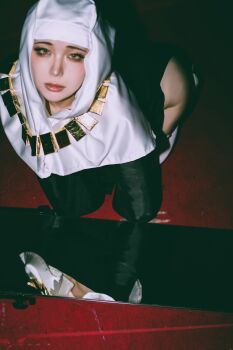 1girl 5y_mmo absurdres black_dress bodhisattva breasts buddhist_nun closed_mouth commentary cosplay cosplay_photo curvy demon_girl dress fate/extra fate/extra_ccc fate/grand_order fate_(series) full-length_mirror full_body gold_necklace half-closed_eyes head_tilt high_heels highres indoors jewelry kneeling leaning_forward long_dress long_sleeves looking_at_viewer mirror necklace no_ears nose nun pale_skin photo_(medium) pink_lips raised_eyebrows real_life reflection sessyoin_kiara side_slit skindentation solo straight-on thick_thighs thighhighs thighs white_coif white_thighhighs wooden_floor yellow_eyes