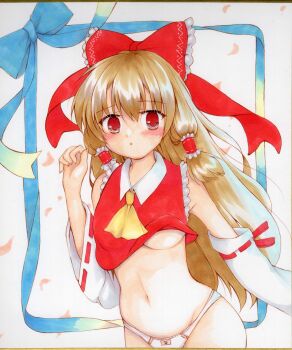 1girl :o absurdres blue_border blue_bow blush border bow bow_panties breasts brown_hair collared_shirt commentary_request cowboy_shot crop_top cropped_shirt detached_sleeves fluffy_hair frilled_shirt frills hair_bow hair_tubes hakurei_reimu hand_up highres kzfibkpon688647 large_breasts long_hair looking_at_viewer marker_(medium) navel no_bra outside_border panties parted_lips photo_(medium) red_bow red_shirt ribbon_border shirt sleeveless sleeveless_shirt solo stomach straight_hair touhou traditional_media underboob underwear white_background white_panties white_sleeves wide_sleeves wing_collar wispy_bangs