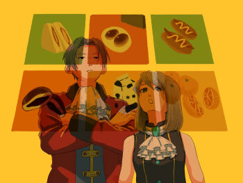 1boy 1girl ace_attorney ace_attorney_investigations ace_attorney_investigations:_miles_edgeworth ascot child closed_mouth crossed_arms dorayaki food franziska_von_karma from_below fruit highres hot_dog jacket kaerukerokeroo long_sleeves medium_hair menu miles_edgeworth milk mole mole_under_eye orange_(fruit) parted_bangs parted_lips red_jacket sandwich short_hair sleeveless step-siblings wagashi white_ascot