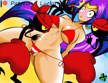 absurdly_long_hair bikini blue_eyes dark_skin genie highres long_hair lucky-jj purple_hair shantae shantae_(series) simple_background swimsuit tagme tinkerbat very_long_hair