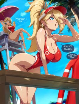 Rule 34 | 2girls, alternate costume, bare shoulders, blonde hair, blue eyes, blue sky, breasts, chair, cleavage, collarbone, commentary, cup, earrings, english commentary, english text, eyewear on head, felox08, hair over one eye, highres, holding, holding cup, jewelry, large breasts, lifeguard, lifeguard chair, long hair, mario (series), multiple girls, nintendo, one-piece swimsuit, open mouth, outdoors, palm tree, pink-tinted eyewear, ponytail, princess peach, red one-piece swimsuit, rosalina, sky, speech bubble, sphere earrings, star (symbol), star earrings, sunglasses, swimsuit, thought bubble, tinted eyewear, tree, tropical drink, umbrella, visor cap, whistle, whistle around neck