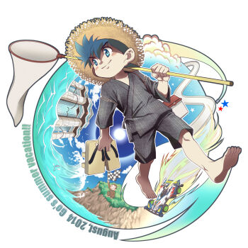 1boy bakusou_kyoudai_let's_&amp;_go!! barefoot blue_eyes bug_cage butterfly_net car checkered_flag closed_mouth commentary_request english_text fish flag full_body grey_shirt grey_shorts hand_net hat highres holding holding_butterfly_net holding_sandals ichiyo_(ichiyon) male_focus monkey motor_vehicle race_vehicle racecar sandals seiba_gou shirt short_hair shorts smile solo straw_hat summer walking water