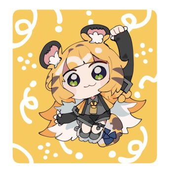 1girl :3 animal_ear_fluff animal_ears arm_up blonde_hair border bow byako_(srktn) chibi chibi_only closed_mouth colored_inner_hair commentary_request full_body green_eyes head_tilt highres jacket ju_fufu long_hair looking_at_viewer multicolored_hair orange_fur round_border solo striped_fur striped_hair tail tail_bow tail_ornament thigh_strap tiger_ears tiger_girl tiger_stripes tiger_tail white_border yellow_background yellow_jacket zenless_zone_zero