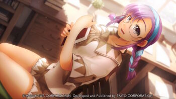 1girl atelier-moo blurry blurry_background book bookshelf braid breasts brown_hair brown_ribbon brown_skirt chair cheryl_christia company_name copyright_notice cowboy_shot desk from_above game_cg glasses grey_eyes hair_between_eyes hairband holding holding_book indoors long_hair looking_at_viewer low_twin_braids medium_breasts miniskirt non-web_source on_chair open_mouth pleated_skirt purple_hair ribbon school_uniform shirt short_sleeves sitting skirt smile solo tareme twin_braids window yuukyuu_gensoukyoku yuukyuu_gensoukyoku_revival