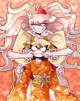 2girls big_hair blonde_hair blush blush_stickers bow commentary cosplay danganronpa:_trigger_happy_havoc danganronpa_(series) danganronpa_2:_goodbye_despair derivative_work english_commentary enoshima_junko enoshima_junko_(cosplay) eyelashes floral_print floral_print_kimono frown green_bow grin hair_bow hair_ornament highres ikusaba_mukuro japanese_clothes kimono long_hair multiple_girls obi official_art_redraw one_eye_closed orange_eyes orange_kimono outline print_kimono rabbit_hair_ornament saionji_hiyoko sash school_uniform sleeves_rolled_up smile teeth twintails two-tone_bow white_outline yellow_eyes zurabyte