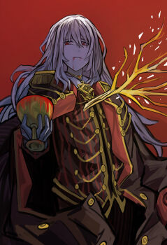 1boy absurdres black_coat blood blood_on_face blood_on_mouth coat cup dice100 drinking_blood drinking_glass epaulettes gloves golden_bough_(limbus_company) hair_between_eyes highres holding holding_cup impaled la_manchaland&#039;s_don_quixote_(project_moon) limbus_company long_hair looking_at_viewer male_focus project_moon red_background red_eyes sitting_on_throne solo sparkle striped_clothes throne upper_body white_gloves white_hair