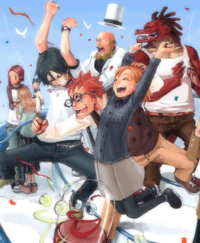 Rule 34 | 3girls, 5boys, :d, ^ ^, animal, arm around waist, arms up, bald, beard, belt, bird, black hair, black legwear, blonde hair, blue jacket, blue sky, blush, boat, brown pants, buckle, buttons, capsule, chain, cheering, claws, closed eyes, collarbone, confetti, creature, day, denim, denim jacket, dreadlocks, expressive clothes, facial hair, fangs, full body, glass, glasses, grey skirt, grin, hand on another's head, happy, hat, headpat, jacket, jeans, keisuke, long sleeves, monster, monster boy, multiple boys, multiple girls, open mouth, orange hair, original, outdoors, pants, pantyhose, paw print, red hair, sandals, shirt, short hair, skirt, sky, sleeveless, smile, smiley face, spread legs, standing, surprised, sweatdrop, tank top, teeth, top hat, vest, watercraft, white skirt