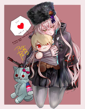 1girl character_doll charlotta_skopovskaya commentary_request doll goslingwallows grey_hair hat heart heaven_burns_red highres implied_yuri kayamori_ruka long_hair russian_text spoken_heart stuffed_animal stuffed_toy ushanka