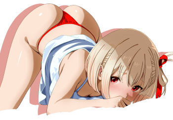 1girl absurdres all_fours ass blonde_hair blush breasts camisole commentary_request hair_ribbon highres looking_at_viewer lycoris_recoil nishikigi_chisato panties red_eyes red_panties red_ribbon ribbon short_hair simple_background solo tetsuado top-down_bottom-up underwear white_background white_camisole