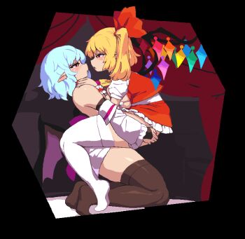 1futa 1girl animated animated_gif ascot back_bow bare_shoulders bat_wings bikini black_thighhighs blonde_hair blue_hair bow bra breasts breasts_out bridal_gauntlets carrying clothed_sex commentary_request crystal_wings curtains detached_sleeves eye_contact flandre_scarlet frilled_skirt frills full_body futa_with_female futanari hair_ribbon hands_on_another's_shoulders implied_futanari incest large_breasts looking_at_another namako_daibakuhatsu narrowed_eyes no_headwear open_mouth pointy_ears profile purple_bow red_eyes red_nails red_ribbon red_skirt red_vest remilia_scarlet ribbon sex shirt short_hair short_sleeves siblings side_ponytail sisters skirt swimsuit thighhighs touhou underwear vest white_bikini white_bra white_shirt white_skirt white_sleeves white_thighhighs wings wrist_cuffs yellow_ascot