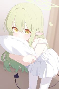 1girl alternate_costume bare_shoulders blue_archive demon_girl demon_tail deyui dress green_hair hair_between_eyes highres hikari_(blue_archive) hugging_object long_hair looking_at_viewer pantyhose pillow pillow_hug pointy_ears sleeveless sleeveless_dress solo tail white_dress white_pantyhose yellow_eyes