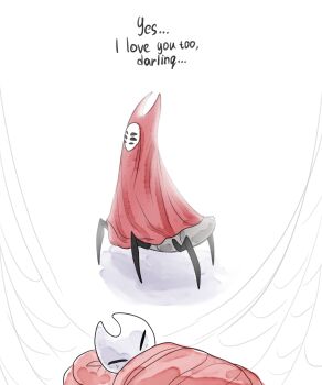 2girls absurdres black_eyes blush boopie cloak english_text herrah_(hollow_knight) highres hollow_eyes hollow_knight hollow_knight:_silksong horned_mask hornet_(hollow_knight) looking_at_another mask multiple_girls red_cloak silk sleeping spider_web walking