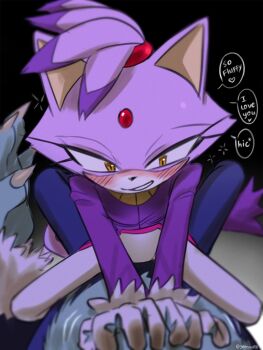 1boy 1girl animal_ears artist_name blaze_the_cat blush cat_ears cat_girl drunk forehead_jewel fur-trimmed_gloves fur_trim furry furry_female furry_male girl_on_top gloves highres jacket purple_fur purple_jacket sonic_(series) sonic_the_hedgehog sonic_the_werehog white_gloves yeonwu08