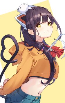 1girl absurdres adapted_costume animal animal_ears animal_on_head arms_behind_back asakura_karen_(heaven_burns_red) black_hair blue_shorts blunt_bangs blush bow bowtie cat cat_ears cat_on_head cat_tail chroemaguro closed_mouth commentary_request cowboy_shot cropped_hoodie denim denim_shorts fake_animal_ears fake_tail from_side hair_bobbles hair_ornament heart heart_tail heaven_burns_red highres hood hood_down hoodie long_hair long_sleeves looking_at_viewer low_twintails midriff navel on_head orange_hoodie red_bow red_bowtie shorts sidelocks simple_background smile solo tail twintails white_cat yellow_background yellow_eyes