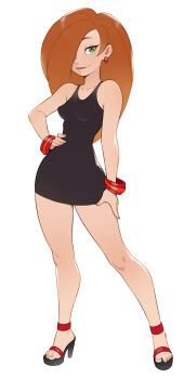 1girl bare_shoulders black_dress bracelet breasts cheshirrr closed_mouth collarbone commentary covered_navel dress duplicate earrings english_commentary feet full_body green_eyes hair_over_one_eye hand_on_own_hip hand_on_own_thigh high_heels highres jewelry kim_possible kim_possible_(series) long_hair looking_at_viewer medium_breasts no_legwear official_alternate_costume orange_hair pixel-perfect_duplicate shoes simple_background smile solo standing toes white_background