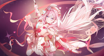 1girl absurdres bare_shoulders beret breasts cleavage commentary diamond-shaped_pupils diamond_(shape) dress earrings elf elysia_(hi_love_elf)_(honkai_impact) elysia_(honkai_impact) gloves hat heart heart_earrings highres holding_ribbon_baton honkai_(series) honkai_impact_3rd instrument jewelry large_breasts long_hair looking_at_viewer miyoushe_watermark multicolored_hair ooo_wange pink_hair pointy_ears purple_background purple_eyes red_dress smile solo symbol-shaped_pupils trumpet two-tone_dress two-tone_hair very_long_hair watermark white_dress white_gloves white_hair