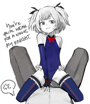 1boy 1girl anger_mark blue_leotard blue_socks bow bowtie cosplay cowgirl_position elbow_gloves english_text fingerless_gloves flat_chest gloves highres indie_virtual_youtuber leotard loli looking_down marie_rose marimari_(vtuber) okiteru red_ribbon ribbon sidetail socks speech_bubble breath straddling sweatdrop thighhighs virtual_youtuber white_background