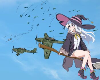 1girl ? ?? aerial_battle aircraft airplane bare_legs battle black_hat black_robe blue_eyes blue_sky blush bow bowtie breasts broom broom_riding cloud cocktiel77 collared_shirt commentary_request dogfight elaina_(majo_no_tabitabi) flying full_body gun hair_between_eyes hat korean_commentary landing_gear long_hair long_sleeves looking_to_the_side machine_gun majo_no_tabitabi military military_vehicle open_clothes open_mouth open_robe outdoors pointy_boots propeller_fighter ribbon robe roundel shirt shot_down sitting skirt sky small_breasts smoke solo sweatdrop thighs vehicle_request weapon white_hair white_shirt witch witch_hat yellow_bow yellow_bowtie yellow_ribbon