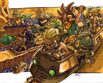 1990s_(style) 6+boys 6+girls :p alfador aqua_hair ayla_(chrono_trigger) blonde_hair bracelet braid castle cat chrono_(series) chrono_trigger crono_(chrono_trigger) dalton dean_silog doan_(chrono_trigger) everyone family flea_(chrono_trigger) frog_(chrono_trigger) glasses gloves goggles grin hat headband image_sample janus_zeal jewelry johnny_(chrono_trigger) laughing long_hair lucca_ashtear magic_carpet magus_(chrono_trigger) marle_(chrono_trigger) multiple_boys multiple_girls nu_(chrono_trigger) open_mouth orange_hair ozzie_(chrono_trigger) pinky_out ponytail purple_hair queen_zeal racing red_hair robo_(chrono_trigger) robot schala_zeal silver_hair slash_(chrono_trigger) smile square_enix thumbs_down tongue tongue_out troll_face water wrench