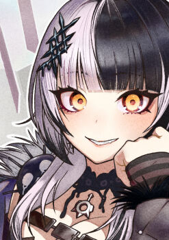1girl belt black_belt black_choker black_hair blob breasts chest_belt choker cleavage coat commentary_request fang fur-trimmed_coat fur-trimmed_sleeves fur_trim grey_hair grin hair_ornament hand_on_own_cheek hand_on_own_face highres hololive hololive_english lace lace_choker large_breasts light_blush long_hair looking_at_viewer multicolored_hair oumi_mizu pendant_choker portrait shiori_novella shiori_novella_(1st_costume) smile solo split-color_hair striped_arm_warmers two-tone_hair virtual_youtuber yellow_eyes yorick_(shiori_novella)