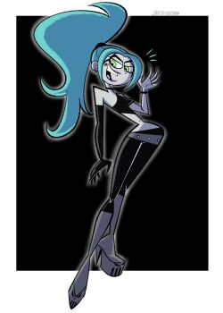 1girl black_gloves black_pants blue_hair boots danny_phantom elbow_gloves ember_mclain gloves green_eyes grey_boots highres jaxsterrapp long_hair looking_at_viewer midriff navel open_mouth pants ponytail single_elbow_glove teeth toon_(style) upper_teeth_only