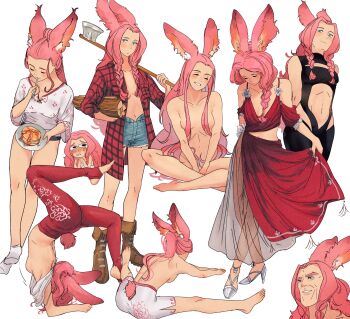 1girl absurdres animal_ear_fluff animal_ears ankle_socks arched_back axe bare_shoulders black_leotard black_shorts blue_eyes blush boots braid breasts brown_footwear carrying_over_shoulder reference_sheet chibi closed_eyes clothes_lift clothing_cutout collarbone commentary completely_nude convenient_censoring curtsey cutoffs dress eating english_commentary facing_away felt_(spindle_(aidenr0)) firewood food fork from_side full_body grey_footwear hair_over_shoulder headstand high_heels high_ponytail highres holding holding_axe holding_fork indian_style knee_boots leotard light_blush long_hair looking_at_viewer looking_down looking_to_the_side medium_breasts midriff navel no_bra nose_blush nude open_clothes open_fly open_shirt open_shorts original pancake pancake_stack pants parted_bangs pink_hair pink_tail plunging_neckline ponytail print_pants print_shirt rabbit_ears rabbit_girl rabbit_tail red_dress red_pants red_trim see-through_clothes see-through_skirt shirt shirt_lift shoes short_shorts shorts side_slit simple_background single_braid sitting skirt sleeveless sleeveless_dress leotard socks solo_focus spindle_(aidenr0) spread_legs standing stirrup_legwear stomach_cutout stretching tail tearing_up thick_eyebrows toeless_legwear w_arms wardrobe_malfunction white_background white_shirt white_shorts white_socks wide_spread_legs yoga