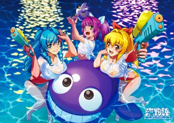 Rule 34 | 3girls, animal ears, arms up, barefoot, bikini, blonde hair, blue bikini, blue eyes, blue hair, blush, cat ears, drill hair, drill ponytail, drill sidelocks, fang, gingira paradise, green eyes, high ponytail, holding, holding water gun, inflatable toy, inflatable whale, logo, long hair, looking at viewer, multiple girls, official art, open mouth, orange eyes, outstretched arm, photoshop (medium), pink hair, ponytail, shirt, short sleeves, sidelocks, skin fang, swimsuit, tied shirt, twintails, water, water gun, wet, wet clothes, wet shirt, white shirt, yellow bikini