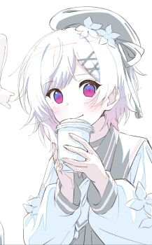 1girl beret black_hat black_ribbon cherry_blossoms commentary_request cup disposable_cup flower gradient_hair hair_flower hair_ornament hands_up hat highres holding holding_cup long_sleeves looking_at_viewer mahou_shoujo_no_majo_saiban multicolored_hair papiyon1297 partially_colored pink_eyes ribbon sakuraba_ema short_hair smile solo upper_body white_background x_hair_ornament