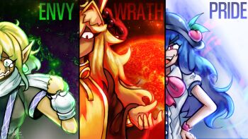 3girls black_hat blonde_hair bow bowtie crying english_text green_eyes hat highres hinanawi_tenshi junko_(touhou) krystalphantasm long_hair long_sleeves mizuhashi_parsee multiple_girls peach_hat_ornament pointy_ears red_bow red_bowtie red_eyes scarf seven_deadly_sins short_hair short_sleeves tabard touhou upper_body white_scarf