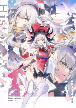 Rule 34 | 3girls, bare shoulders, black dress, blue eyes, blush, boots, breasts, detached collar, dress, fate/grand order, fate (series), gloves, gradient hair, grey hair, grin, hair ornament, hat, highres, jacket, large breasts, large hat, long hair, long sleeves, looking at viewer, marie antoinette (fate), marie antoinette alter (fate), marie antoinette alter (first ascension) (fate), marie antoinette alter (third ascension) (fate), medium breasts, multicolored hair, multiple girls, multiple persona, no-kan, off shoulder, open clothes, open jacket, outstretched arm, red dress, red gloves, red hat, short dress, side ponytail, sidelocks, sleeveless, sleeveless dress, smile, thigh boots, twintails, two side up, very long hair, white boots, white dress, white hair, white hat, white jacket, yellow eyes