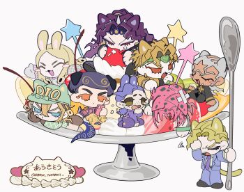 Rule 34 | 6+boys, afro, animal ears, bandaid, bandaid on head, biting, blonde hair, cat ears, character name, cherry, closed eyes, cream, dessert, diavolo, diego brando, dinosaur tail, dio brando, dog ears, enrico pucci, eyelashes, facepalm, fang, food, formal clothes, fruit, full body, funny valentine, green headband, headband, heart headband, highres, holding, holding spoon, jojo no kimyou na bouken, kars (jojo), kira yoshikage, mini person, miniboy, multiple boys, naru tomaki, orange eyes, oversized spoon, pink hair, rabbit ears, simple background, sitting, spoon, spotted hair, standing, suit, tail, toru (jojolion), twitter username, vinegar doppio, white background, white hair