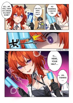 Rule 34 | 1boy, 1girl, absurdres, arknights, arknights: endfield, black dress, black gloves, black horns, blush, breasts, bright pupils, cleavage, collar, dress, endministrator (arknights), english text, eye mask, food, gloves, hair between eyes, heta, highres, holding, holding food, holding popsicle, horns, laevatein (arknights), male endministrator (arknights), mask, orange hair, popsicle, purple eyes, speech bubble, surtr (arknights), sweat, trembling, twitter username, white collar, white pupils