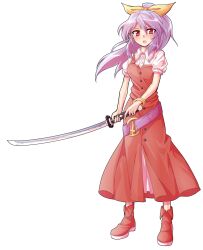 Rule 34 | 1girl, alphes (style), belt, blush, boots, bracelet, breasts, buttons, collared shirt, commentary request, dairi, dress, dress shirt, full body, hair ribbon, high ponytail, highres, holding, holding sword, holding weapon, jewelry, katana, large variant set, legs apart, long hair, looking at viewer, o-ring, open mouth, parody, platform boots, ponytail, puffy short sleeves, puffy sleeves, purple belt, purple hair, red boots, red dress, red eyes, ribbon, shirt, short sleeves, small breasts, solo, standing, style parody, sweatdrop, sword, tachi-e, touhou, transparent background, undershirt, variant set, watatsuki no yorihime, weapon, white shirt, yellow ribbon