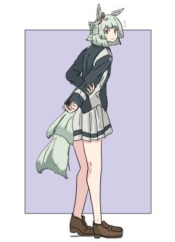 1girl animal_ears arms_behind_back bow braid closed_mouth ear_ribbon folded_hair folded_ponytail fujimasa_march_(umamusume) grey_hair grey_skirt half_up_half_down_braid highres horse_ears horse_girl horse_tail jacket kasamatsu_tracen_school_uniform long_hair long_sleeves looking_at_viewer multicolored_jacket pleated_skirt school_uniform shirt shoes short_hair simple_background skirt smile solo sxpwze4u3podzmr tail two-tone_jacket umamusume umamusume:_cinderella_gray yellow_eyes
