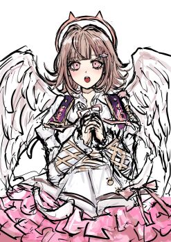 1girl :o angel_wings animal_ears brown_hair commentary_request cowboy_shot danganronpa_(series) danganronpa_2:_goodbye_despair halo halo_behind_head highres juliet_sleeves long_sleeves looking_at_viewer medium_hair nanami_chiaki neck_ribbon own_hands_clasped own_hands_together pink_eyes pink_ribbon puffy_sleeves revision ribbon shiruboru simple_background solo teeth upper_teeth_only white_background wings