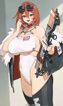 1girl absurdres bilibili_xiaolu bow_(weapon) breasts commentary_request compound_bow doll eyewear_on_head green_eyes hair_between_eyes highres huge_breasts jacket leotard lying medium_hair on_back original red_eyes solo sunglasses unworn_jacket weapon white_leotard