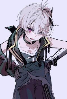 1girl ahoge bandaged_arm bandages collar collarbone cowboy_shot detached_sleeves fingerless_gloves flower_(vocaloid) flower_(vocaloid4) gloves grey_hair half-closed_eye hands_on_own_hips highres leaning_forward light_blush looking_at_viewer open_mouth purple_eyes shirt short_hair shorts single_detached_sleeve sleeveless sleeveless_jacket solo v-shaped_eyebrows vocaloid yoyoyohehehehe