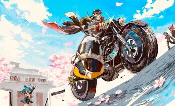 Rule 34 | 1girl, 3boys, alternate costume, banchou, black coat, black hat, black jacket, blue helmet, cairngorm999, cherry blossoms, coat, coat on shoulders, delinquent, facial mark, forehead jewel, glint, hat, helmet, highres, jacket, mega man (series), mega man x (series), mega man x dive, motor vehicle, motorcycle, multiple boys, official alternate costume, red helmet, rico (mega man), riding, school uniform, sigma (mega man), solo focus, x (mega man), zero (mega man)