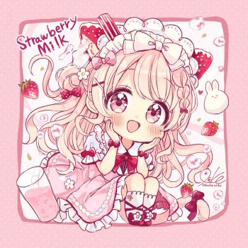 1girl :d animal animal_ear_fluff animal_ears blush border bow brown_hair cat_ears cat_girl cat_tail chibi collared_shirt commentary_request cup dress drinking_glass food frilled_dress frills fruit hair_bun hands_on_own_face hands_up highres long_hair looking_at_viewer open_mouth original pink_border pink_dress pink_eyes polka_dot_border puffy_short_sleeves puffy_sleeves rabbit red_bow red_shoes sakura_oriko shirt shoes short_sleeves signature single_side_bun smile socks solo strawberry strawberry_milk tail tail_bow tail_ornament very_long_hair white_socks