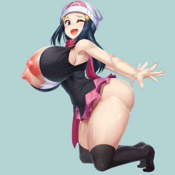 1girl alternate_breast_size_(larger) armpits ass bare_shoulders beanie black_socks blue_background blue_eyes blue_hair blush breasts bursting_breasts curvy dawn_(pokemon) hair_ornament hairclip hat highres huge_ass huge_breasts kawahagitei kneehighs kneeling large_areolae long_hair matching_hair/eyes nintendo nipples one_eye_closed open_mouth pink_skirt pokemon pokemon_dppt puffy_nipples scarf shiny_clothes shiny_skin simple_background skirt sleeveless socks solo thick_thighs thighs wardrobe_malfunction white_hat wink