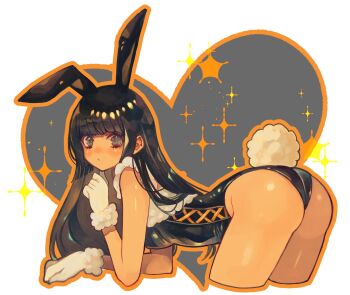 1girl 37104kii :/ animal_ears ass bent_over black_hair black_leotard closed_mouth commentary_request cropped_legs cross-laced_clothes cross-laced_leotard fake_animal_ears fake_tail from_side fur-trimmed_gloves fur_trim gloves grey_eyes heart highleg highleg_leotard highres leotard light_blush long_hair looking_at_viewer orange_outline original outline playboy_bunny rabbit_ears rabbit_tail solo tail very_long_hair white_gloves