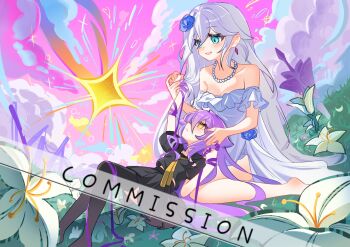 2girls absurdres alternate_costume bare_shoulders barefoot black_serafuku black_shirt black_skirt black_thighhighs blue_eyes blue_flower blue_rose breasts cecilia_schariac cloud company_connection dress earrings english_text flower grass grey_hair hair_between_eyes hair_flower hair_ornament highres holding_another&#039;s_hair holding_hands honkai_(series) honkai_impact_3rd jewelry lap_pillow long_hair looking_at_another lying lying_on_lap multiple_girls neckerchief necklace off-shoulder_dress off_shoulder on_back on_grass open_mouth outdoors pearl_necklace pic_p_p purple_hair rose sailor_collar school_uniform serafuku shirt sirin sitting skirt sky smile thighhighs very_long_hair wariza white_dress white_flower white_hair yellow_eyes yellow_neckerchief