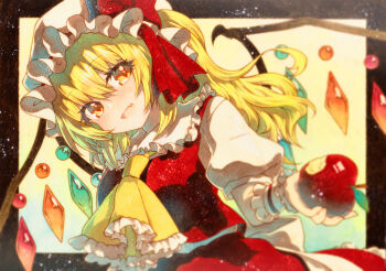 Rule 34 | 1girl, apple, ascot, blonde hair, brown eyes, cat, crystal wings, fang, flandre scarlet, food, food bite, frilled wrist cuffs, frills, fruit, hat, highres, holding, holding food, holding fruit, looking at viewer, mob cap, open mouth, puffy short sleeves, puffy sleeves, red skirt, red vest, rinka (qqqrinkappp), short sleeves, skin fang, skirt, solo, touhou, vest, white cat, wings, wrist cuffs, yellow ascot