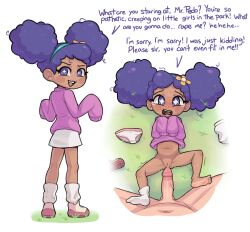 +_+ 1boy 1girl :d afro_puffs blush_stickers commentary dark-skinned_female dark_skin double_bun english_commentary english_text grass green_hairband hair_bun hairband hetero highres loli long_sleeves loose_socks lying multiple_views nintendo on_back open_mouth panties penis pokemon pokemon_(anime) poketoon precum pussy shoes single_bare_foot skirt sleeves_past_fingers sleeves_past_wrists smile socks solo_focus standing sweater tearing_up teeth trembling uncensored underwear unworn_panties unworn_shoe unworn_skirt upper_teeth_only vashti_(pokemon) white_skirt white_socks yep_melon