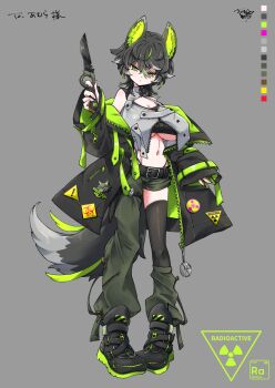 1girl animal_ear_fluff animal_ears arm_at_side asymmetrical_clothes asymmetrical_legwear asymmetrical_pants baggy_pants bare_shoulders belt black_belt black_coat black_hair black_panties black_shirt black_shoes black_thighhighs breasts cleavage cleavage_cutout closed_mouth clothing_cutout coat coat_partially_removed color_guide commission crop_top fluffy_hair full_body green_coat green_eyes green_pants green_streaks grey_background grey_hair grey_streaks grey_vest hair_between_eyes hand_up head_tilt highleg highleg_panties highres holding holding_knife holding_weapon huge_breasts knife long_sleeves looking_at_viewer medium_hair midriff multicolored_hair navel off_shoulder open_clothes open_coat open_vest original panties pants radioactive sagging_breasts sakuma_gin_maru_sakuma shirt shoes simple_background single_pantsleg single_thighhigh skeb_commission sleeveless sleeveless_shirt sleeves_past_wrists slit_pupils sneakers solo standing stomach streaked_hair swept_bangs tail thighhighs underboob underwear vest weapon wolf_cut wolf_ears wolf_girl wolf_ornament wolf_tail zipper