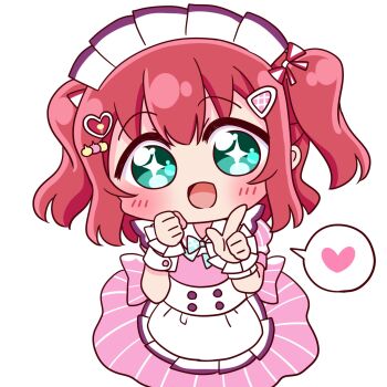 +_+ 1girl :d ai_scream!_(love_live!) apron aqua_eyes blue_bow blue_bowtie bow bowtie commentary_request dress frilled_apron frills hair_bow hair_ornament heart heart_hair_ornament highres index_finger_raised kurosawa_ruby looking_at_viewer love_live! love_live!_sunshine!! maid maid_headdress medium_hair open_mouth pink_dress pinstripe_dress pinstripe_pattern puffy_short_sleeves puffy_sleeves red_bow short_sleeves sidelocks smile solo speech_bubble spoken_heart suppii two_side_up waist_apron white_apron