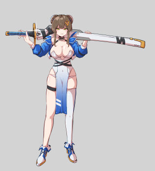1girl arms_up bare_shoulders black_choker blue_dress blue_jacket braid braided_bun breasts brown_hair bun_cover chaos_zero_nightmare choker cleavage closed_mouth commentary_request covered_navel cropped_jacket double_bun dress eyeliner full_body gradient_clothes gradient_dress hair_bun hair_ornament highres holding holding_sword holding_weapon huge_weapon jacket korean_commentary large_breasts looking_at_viewer makeup mole mole_under_mouth off_shoulder open_clothes open_jacket pabenia panty_straps pelvic_curtain piercing red_eyeliner short_hair_with_long_locks single_thighhigh skindentation smile solo strapless strapless_dress sword thigh_strap thighhighs thighs weapon yellow_eyes yuki_(chaos_zero_nightmare)
