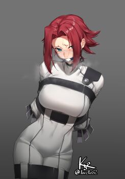1girl arms_behind_back ball_gag blue_eyes blush bodysuit bound bound_arms bound_legs breasts code_geass commentary covered_navel cowboy_shot english_commentary eyes_visible_through_hair forehead gag gagged gradient_background grey_background hair_over_one_eye heavy_breathing highres k52 kouzuki_kallen large_breasts looking_at_viewer nose_blush red_hair restrained saliva second-party_source short_hair sidelocks solo straitjacket twitter_username uzga white_bodysuit wiffle_gag x-ray
